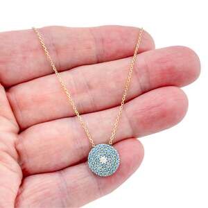 Vintage Gold-Tone Sterling Silver 925 Blue CZ Disc Necklace 16–18.5 Inches